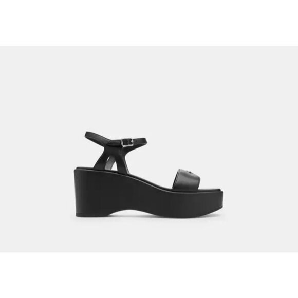 Coach Gale Wedge Platform Sandals Women’s 9.5 Black Leather Ankle Strap Logo - Picture 2 of 5